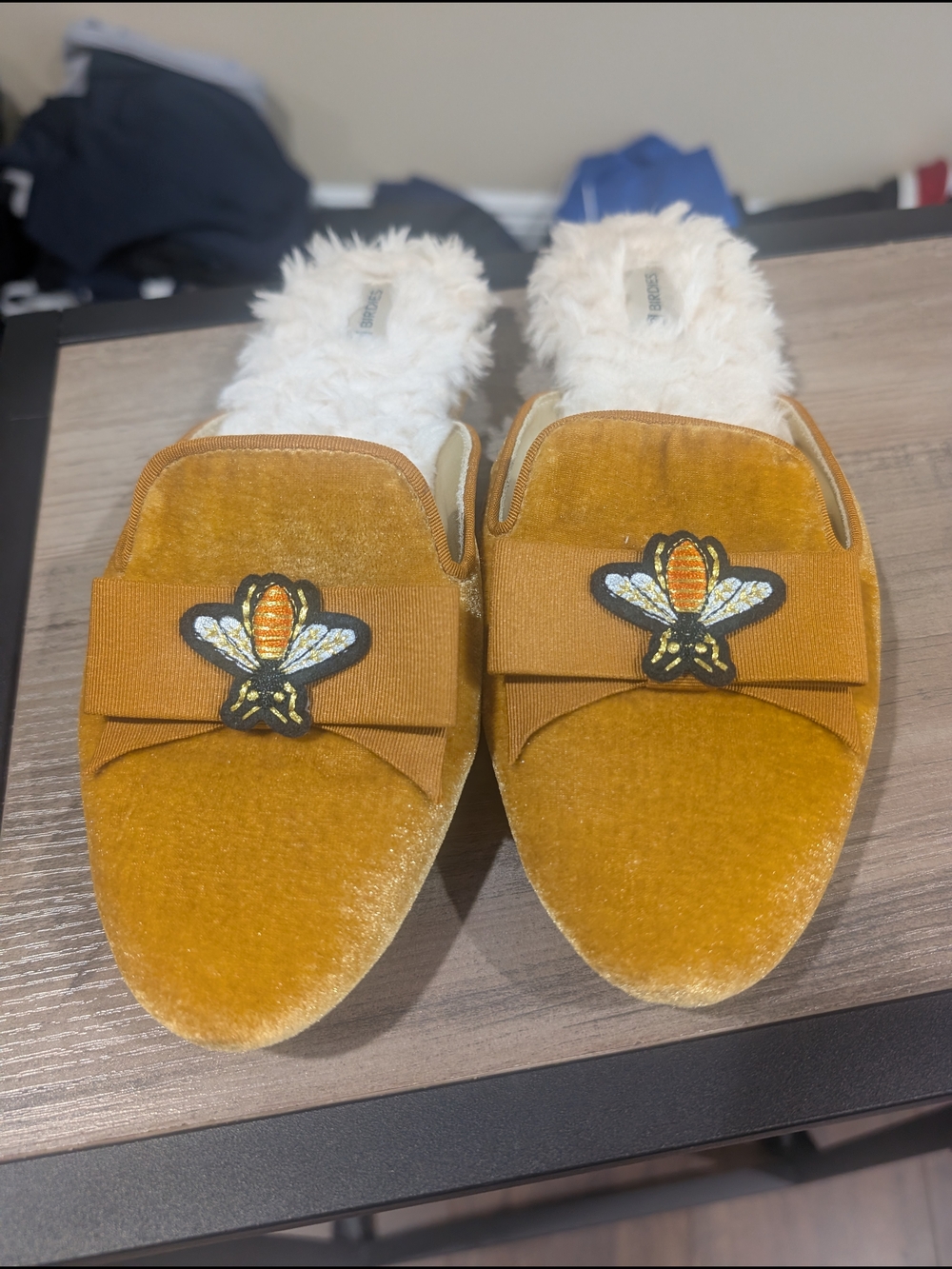 Birdies Mustard Velvet Bee Embroidered Faux-Fur Lined Mules